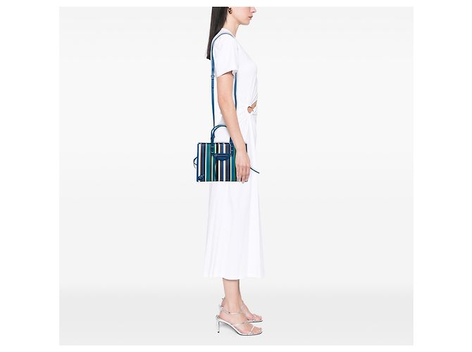 Balenciaga Mini-Ledertasche in Blau mit gestreiftem Papier A6 und Reißverschluss - Ansicht 7