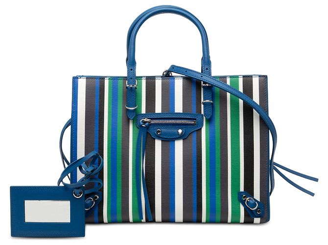 Balenciaga Mini-Ledertasche in Blau mit gestreiftem Papier A6 und Reißverschluss - Ansicht 8