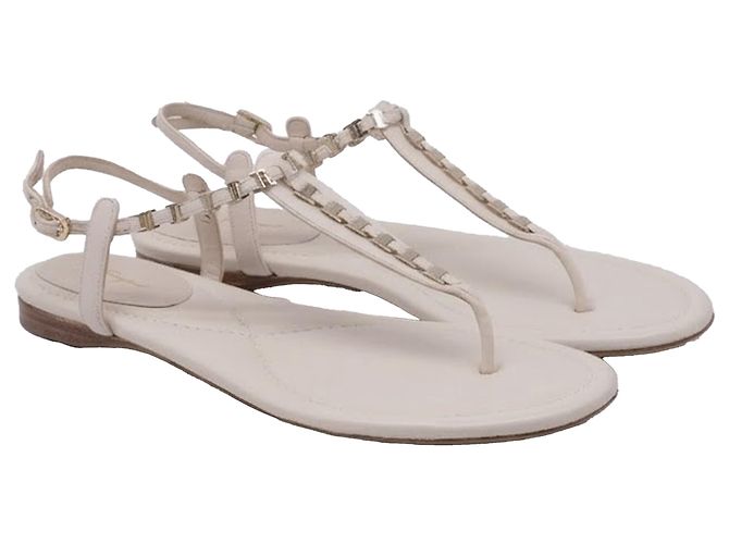 Sandali piatti T-Strap con catena in pelle bianca Salvatore Ferragamo - vista 3