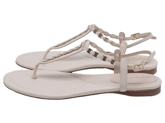 Sandali piatti T-Strap con catena in pelle bianca Salvatore Ferragamo - vista 4