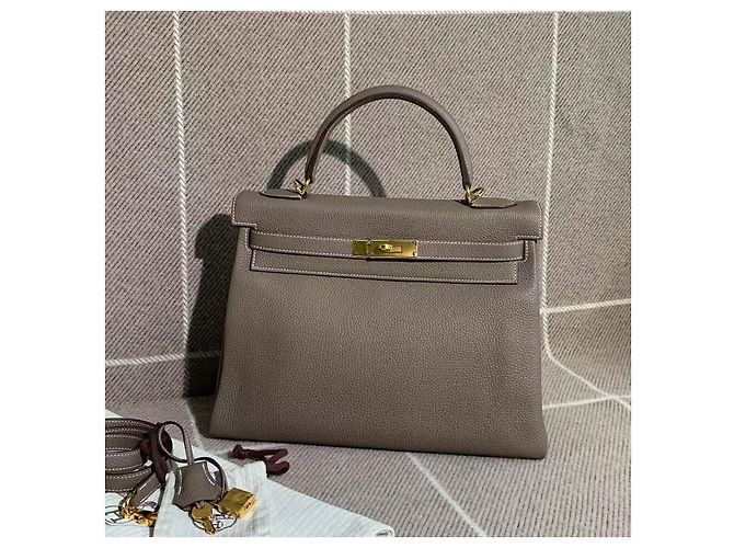 Hermès Kelly 32 Togo Leder Elefantengrau Goldene Hardware - Ansicht 2