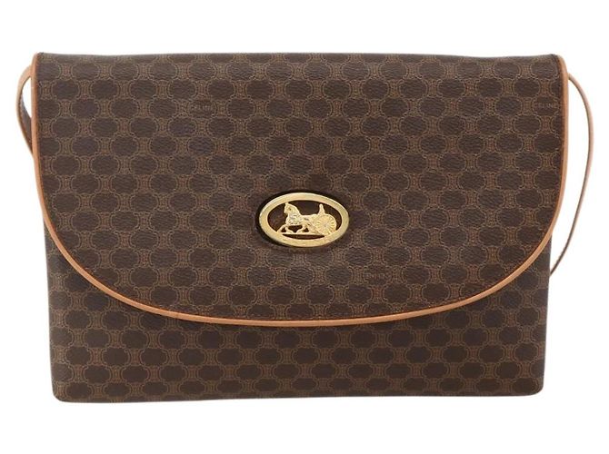 Céline Borsa in tela Macadam Celine con motivo carrozza in PVC pelle marrone oro Auth 175596A - vista 13