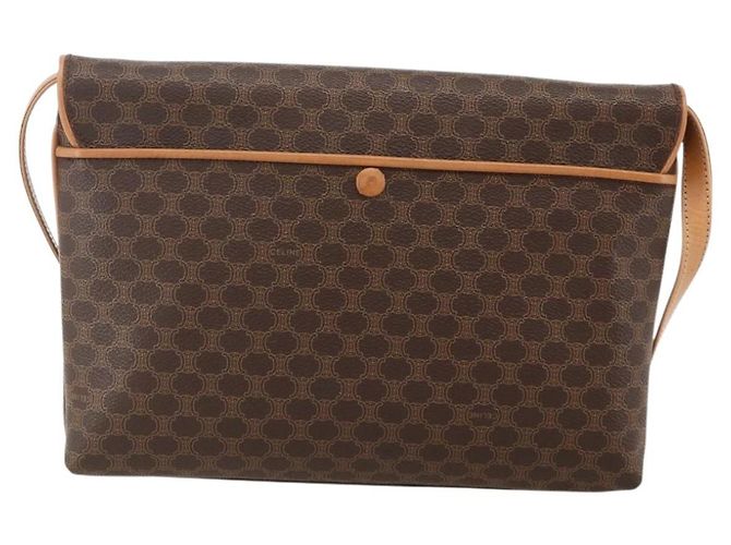 Céline Borsa in tela Macadam Celine con motivo carrozza in PVC pelle marrone oro Auth 175596A - vista 2