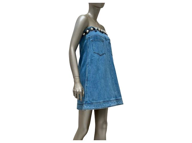 Chanel 2013 trägerloses Denim-Perlen-Gürtelkleid in Größe 38, gebraucht - Ansicht 2