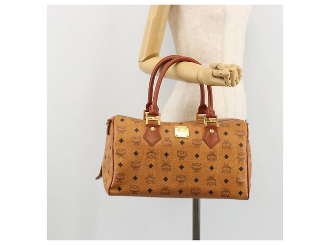 MCM Vicetos Logogram Borsa a Mano PVC Pelle Marrone Oro Auth 175196 D'oro - vista 23