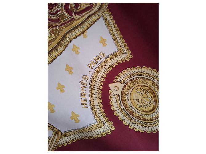 Foulard Hermès Selles in seta beige e bordeaux Bordò - vista 13