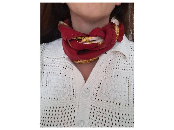 Foulard Hermès Selles in seta beige e bordeaux Bordò - vista 5