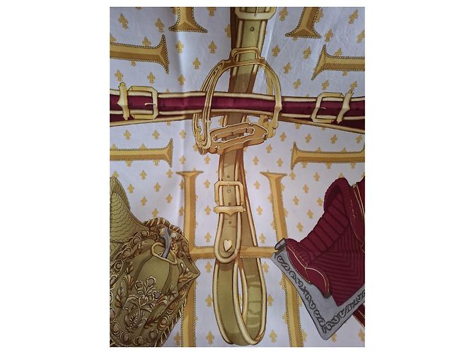 Foulard Hermès Selles in seta beige e bordeaux Bordò - vista 8
