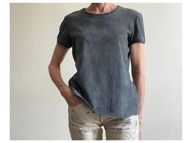Stouls Grau-blaues Rundhals-T-Shirt 100% perforiertes Wildleder Größe S - Ansicht 10