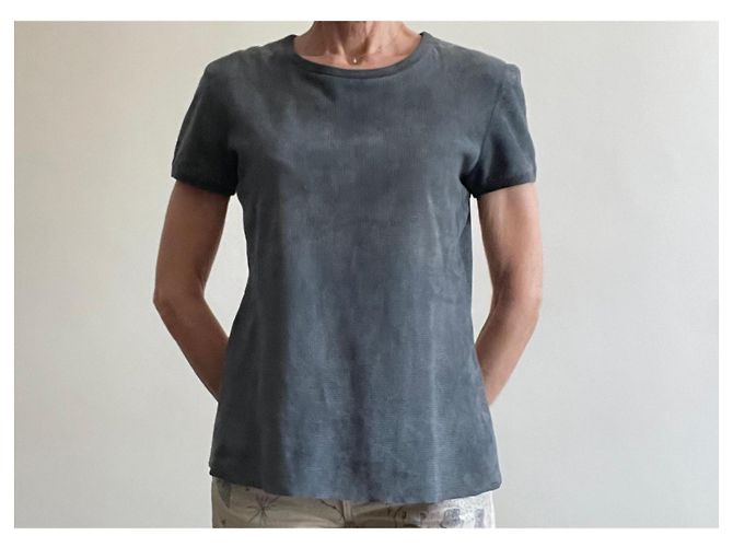 Stouls Grau-blaues Rundhals-T-Shirt 100% perforiertes Wildleder Größe S - Ansicht 11