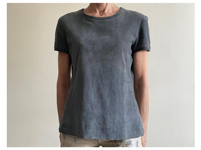 Stouls Grau-blaues Rundhals-T-Shirt 100% perforiertes Wildleder Größe S - Ansicht 12