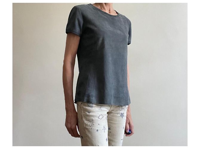 Stouls Grau-blaues Rundhals-T-Shirt 100% perforiertes Wildleder Größe S - Ansicht 13