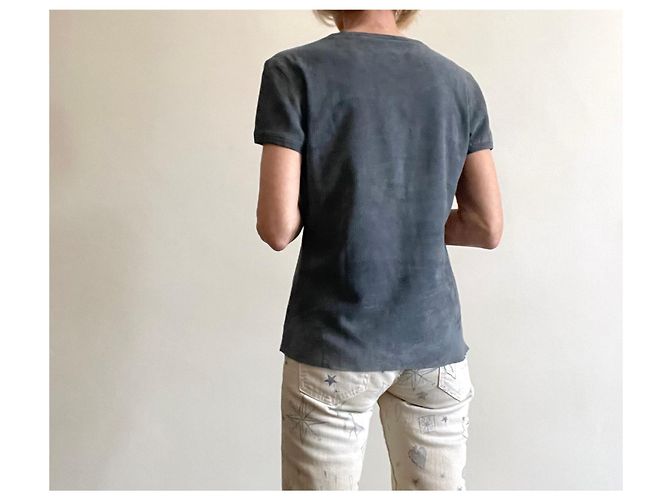 Stouls Grau-blaues Rundhals-T-Shirt 100% perforiertes Wildleder Größe S - Ansicht 14