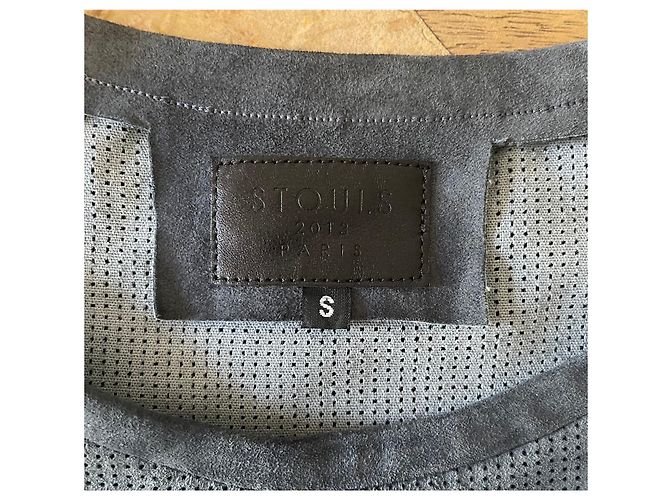 Stouls Grau-blaues Rundhals-T-Shirt 100% perforiertes Wildleder Größe S - Ansicht 3