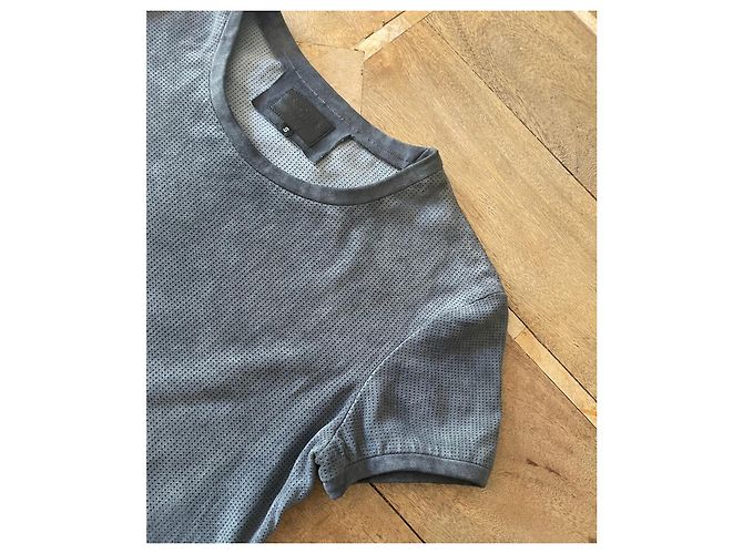 Stouls Grau-blaues Rundhals-T-Shirt 100% perforiertes Wildleder Größe S - Ansicht 4