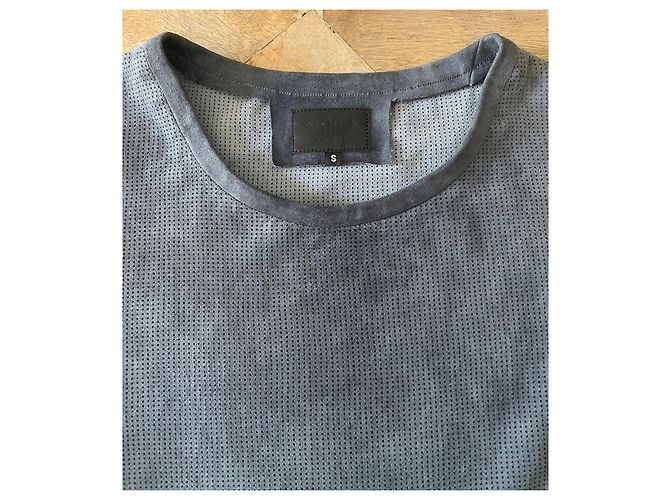 Stouls Grau-blaues Rundhals-T-Shirt 100% perforiertes Wildleder Größe S - Ansicht 7