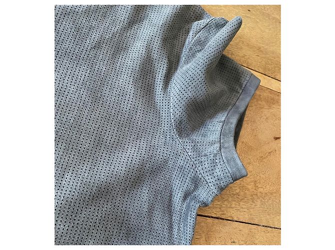 Stouls Grau-blaues Rundhals-T-Shirt 100% perforiertes Wildleder Größe S - Ansicht 9