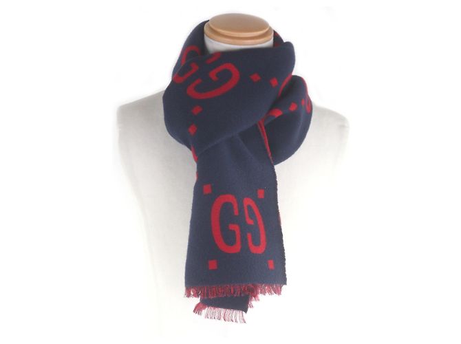 Sciarpa Jumbo GG in jacquard di lana e seta con frange Gucci Rosso Blu navy - vista 2