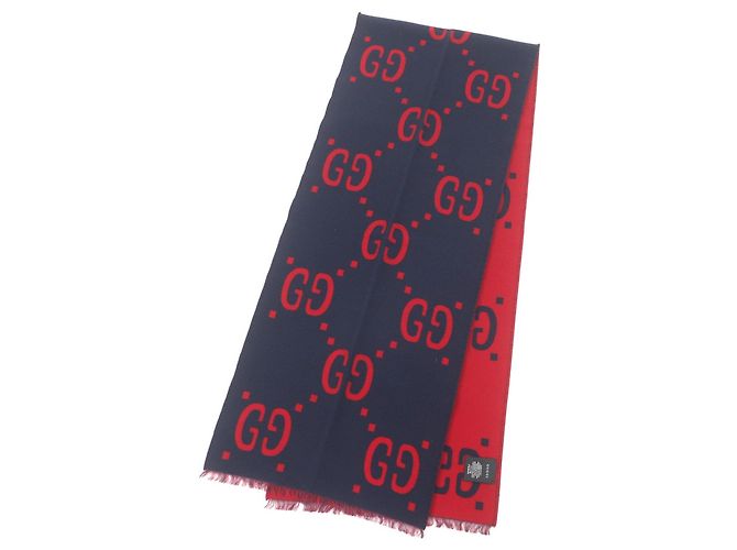 Sciarpa Jumbo GG in jacquard di lana e seta con frange Gucci Rosso Blu navy - vista 3