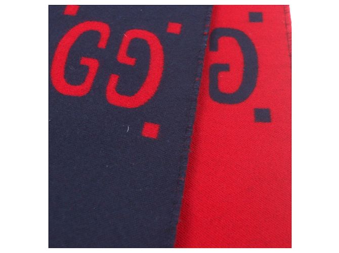 Sciarpa Jumbo GG in jacquard di lana e seta con frange Gucci Rosso Blu navy - vista 5