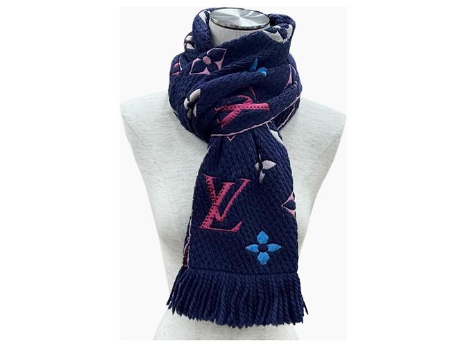 Sciarpa in lana e seta Logomania con frange Louis Vuitton Multicolore Blu navy - vista 2