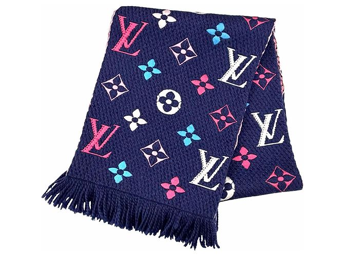 Sciarpa in lana e seta Logomania con frange Louis Vuitton Multicolore Blu navy - vista 3