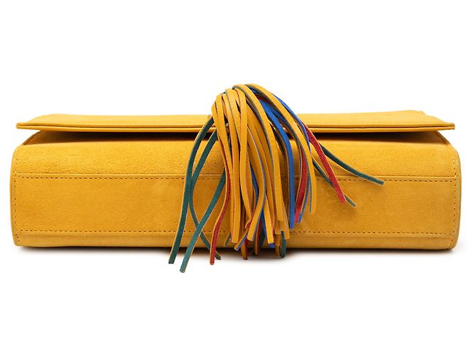 Saint Laurent Borsa a tracolla Kate Monogram in suede giallo medio con frange Senape - vista 3
