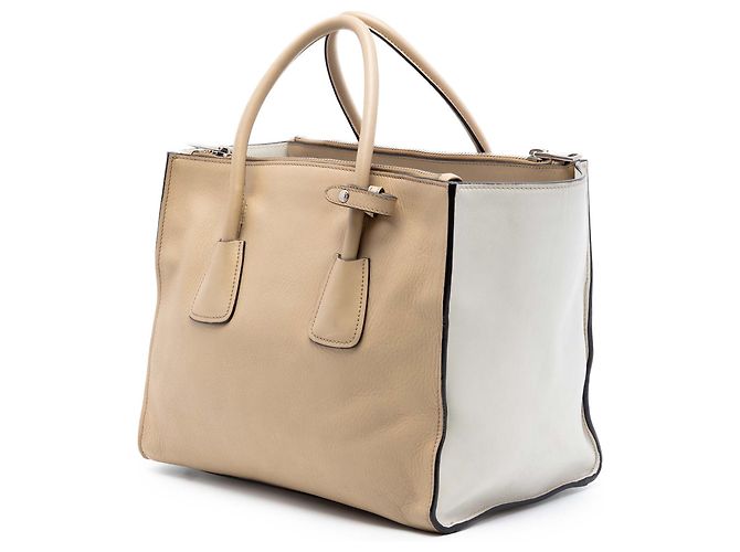 Double Prada Beiger Bicolor Glanzkalbsleder Doppel-Taschen Doppelgriff Handtasche - Ansicht 2