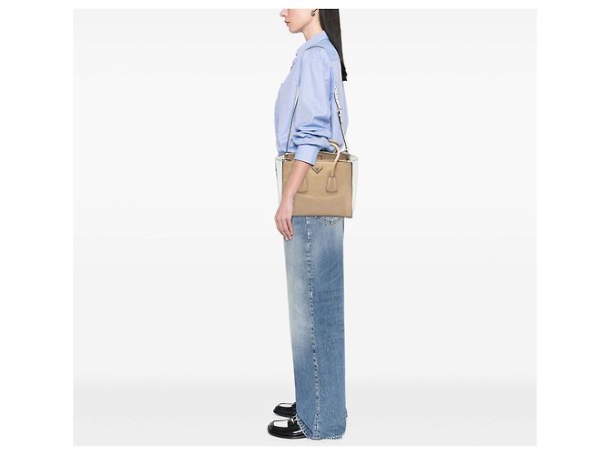 Double Prada Beiger Bicolor Glanzkalbsleder Doppel-Taschen Doppelgriff Handtasche - Ansicht 6