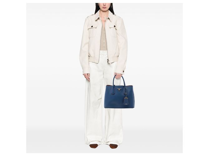 Prada Borsa doppia media in pelle Saffiano blu - vista 6