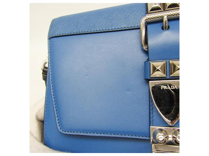 Borsa a Spalla in Pelle Prada Electra Studs Blu - vista 7