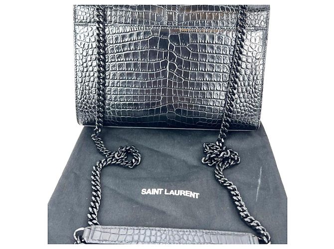 Bolso de hombro mediano de cuero negro grabado de Saint Laurent con cadena - vista 2