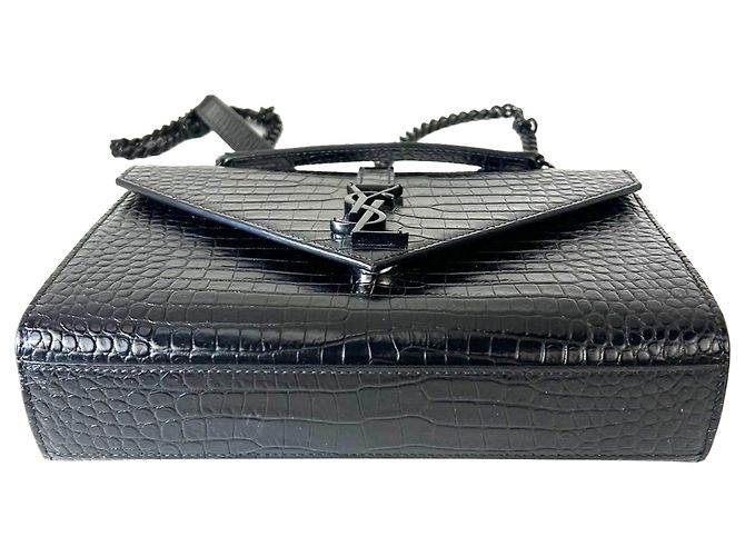 Bolso de hombro mediano de cuero negro grabado de Saint Laurent con cadena - vista 3