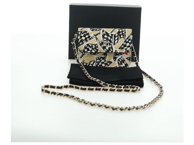 CHANEL Pochette a Catena Matelassé Bandiera a Scacchi Cotone Beige CC Auth YKZ1020SAM D'oro - vista 12