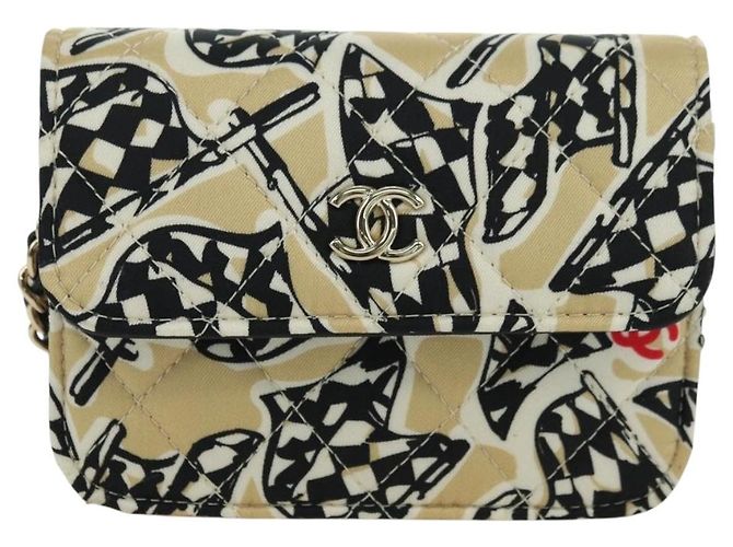 CHANEL Pochette a Catena Matelassé Bandiera a Scacchi Cotone Beige CC Auth YKZ1020SAM D'oro - vista 13