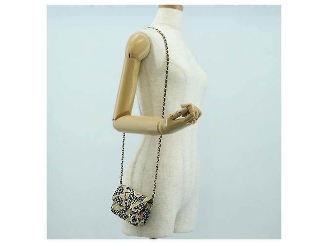 CHANEL Pochette a Catena Matelassé Bandiera a Scacchi Cotone Beige CC Auth YKZ1020SAM D'oro - vista 22