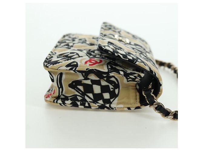 CHANEL Pochette a Catena Matelassé Bandiera a Scacchi Cotone Beige CC Auth YKZ1020SAM D'oro - vista 4