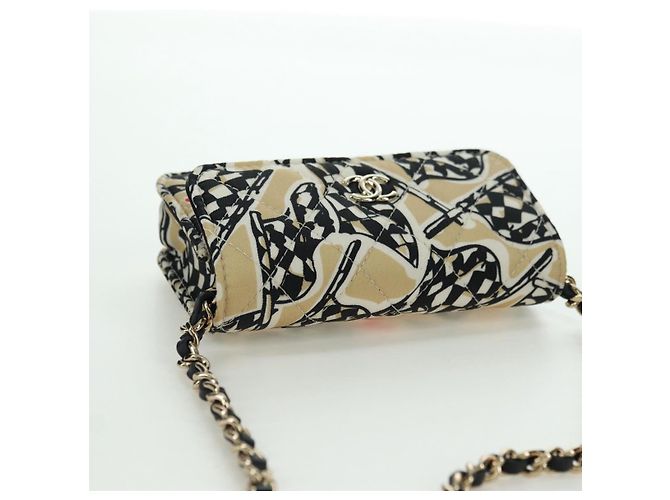 CHANEL Pochette a Catena Matelassé Bandiera a Scacchi Cotone Beige CC Auth YKZ1020SAM D'oro - vista 6