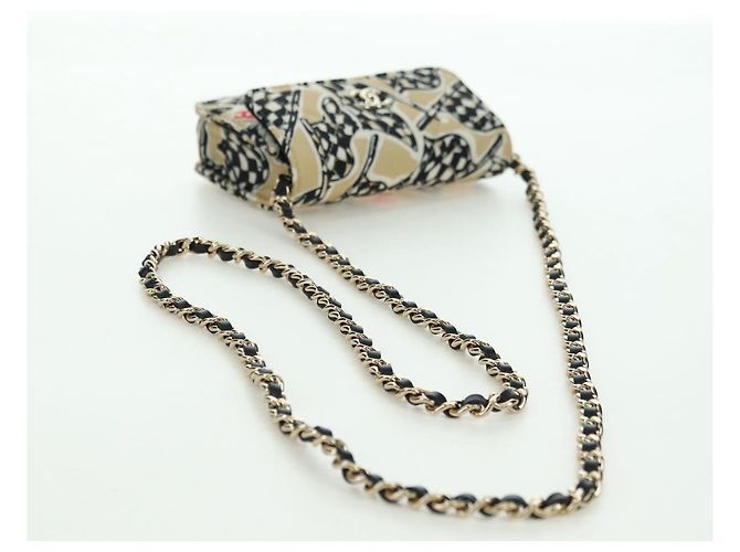 CHANEL Pochette a Catena Matelassé Bandiera a Scacchi Cotone Beige CC Auth YKZ1020SAM D'oro - vista 7