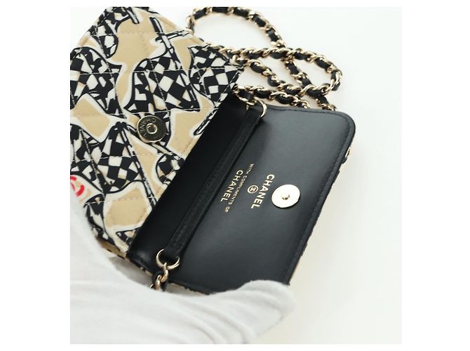 CHANEL Pochette a Catena Matelassé Bandiera a Scacchi Cotone Beige CC Auth YKZ1020SAM D'oro - vista 9