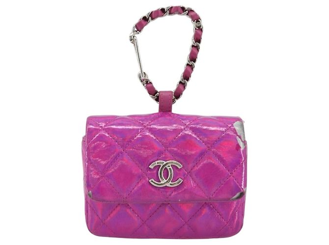 CHANEL Pochette Matelassé con Moschettone Pelle Verniciata Rosa Argento CC Auth YKZ1380A - vista 13