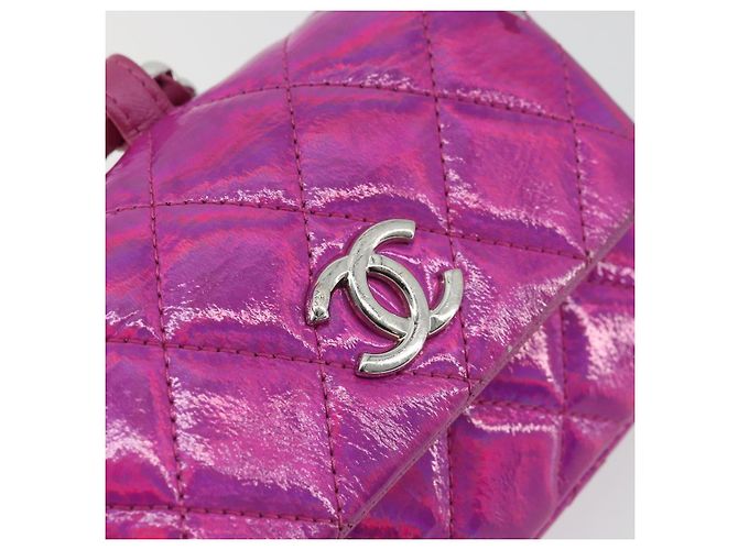 CHANEL Pochette Matelassé con Moschettone Pelle Verniciata Rosa Argento CC Auth YKZ1380A - vista 18