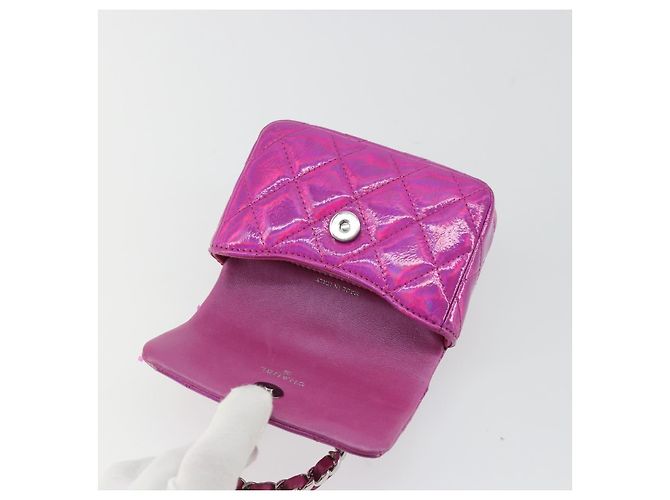 CHANEL Pochette Matelassé con Moschettone Pelle Verniciata Rosa Argento CC Auth YKZ1380A - vista 19