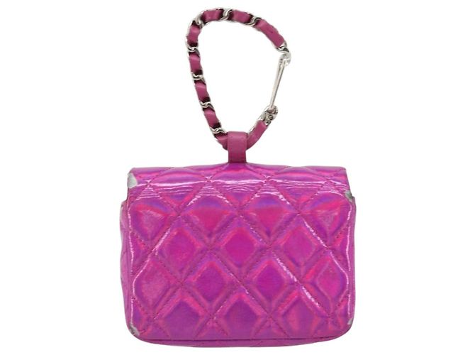 CHANEL Pochette Matelassé con Moschettone Pelle Verniciata Rosa Argento CC Auth YKZ1380A - vista 2