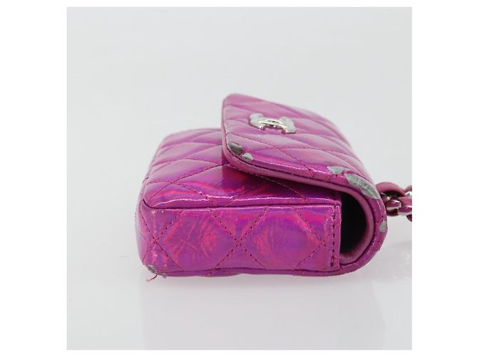 CHANEL Pochette Matelassé con Moschettone Pelle Verniciata Rosa Argento CC Auth YKZ1380A - vista 3
