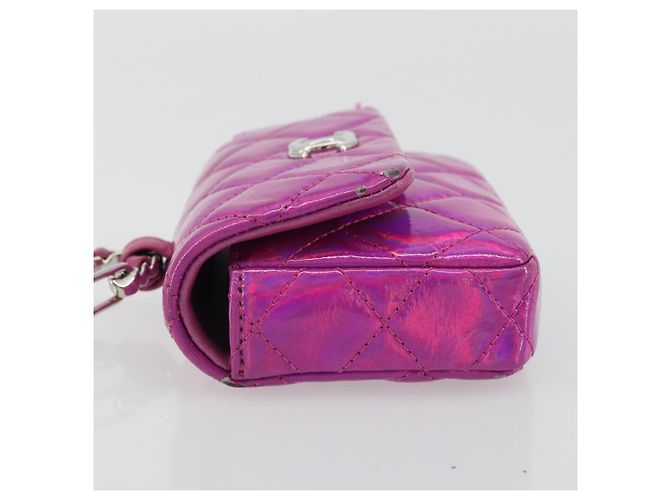 CHANEL Pochette Matelassé con Moschettone Pelle Verniciata Rosa Argento CC Auth YKZ1380A - vista 4
