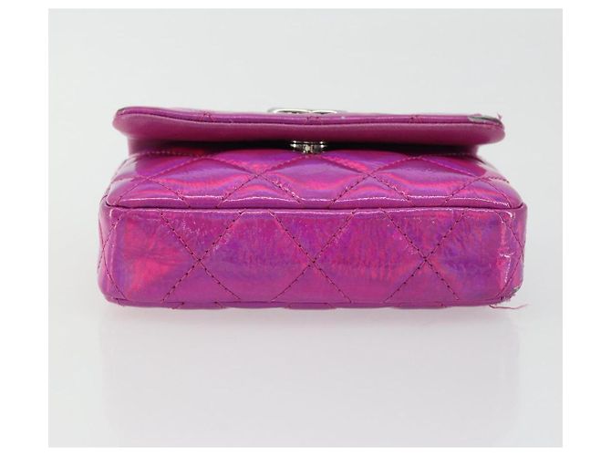 CHANEL Pochette Matelassé con Moschettone Pelle Verniciata Rosa Argento CC Auth YKZ1380A - vista 5