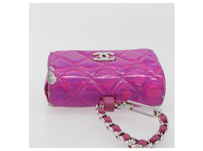 CHANEL Pochette Matelassé con Moschettone Pelle Verniciata Rosa Argento CC Auth YKZ1380A - vista 6