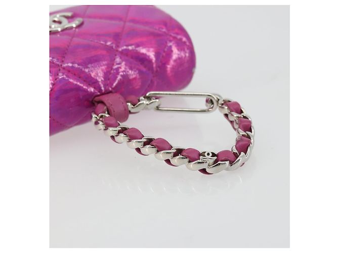 CHANEL Pochette Matelassé con Moschettone Pelle Verniciata Rosa Argento CC Auth YKZ1380A - vista 7