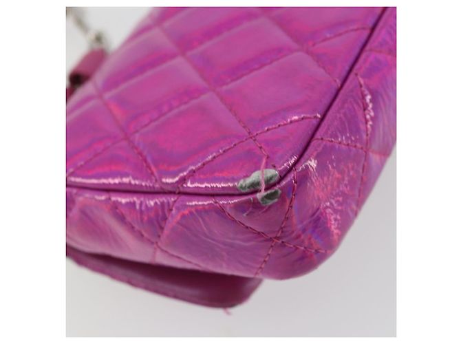 CHANEL Pochette Matelassé con Moschettone Pelle Verniciata Rosa Argento CC Auth YKZ1380A - vista 8